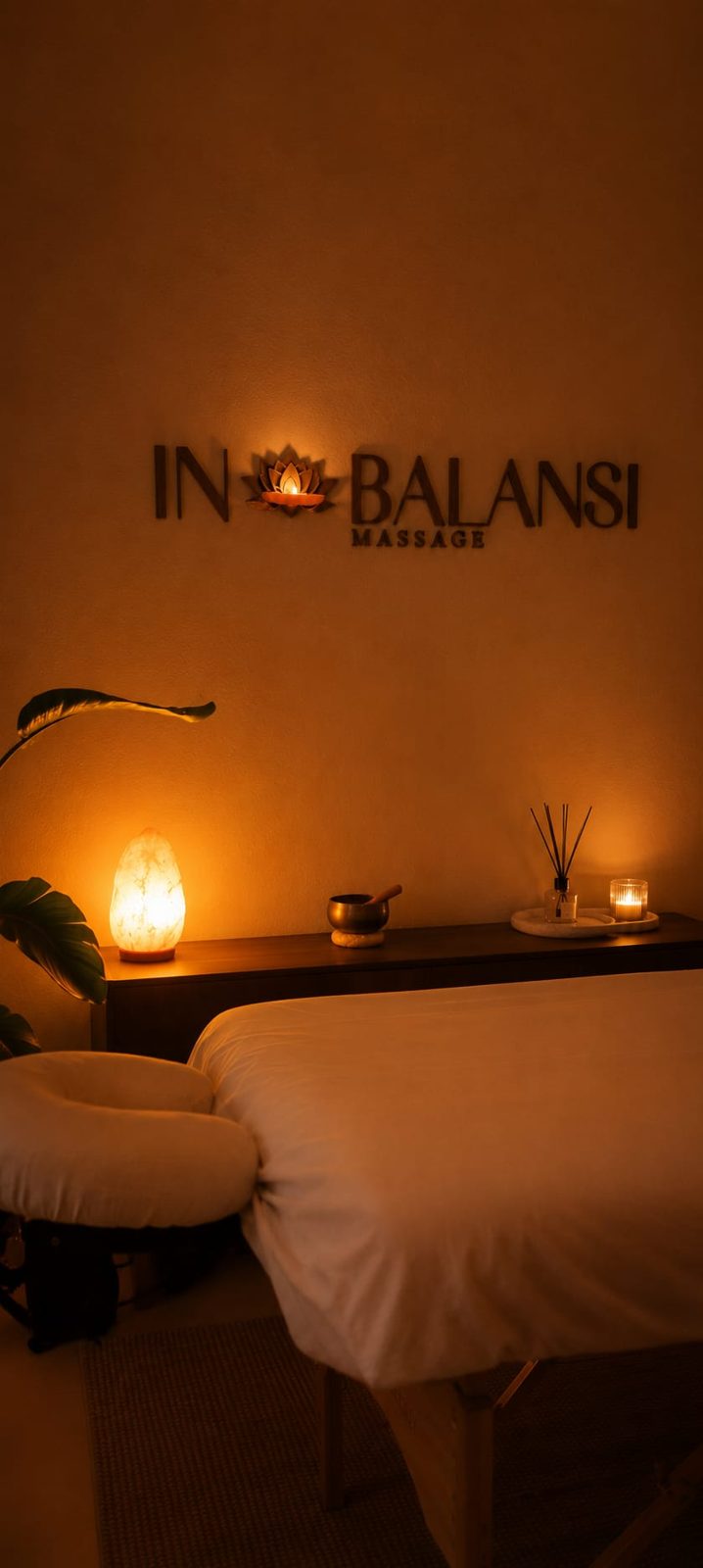De behandelruimte van IN BALANSI met zoutlamp, kaarsjes en het logo op de muur